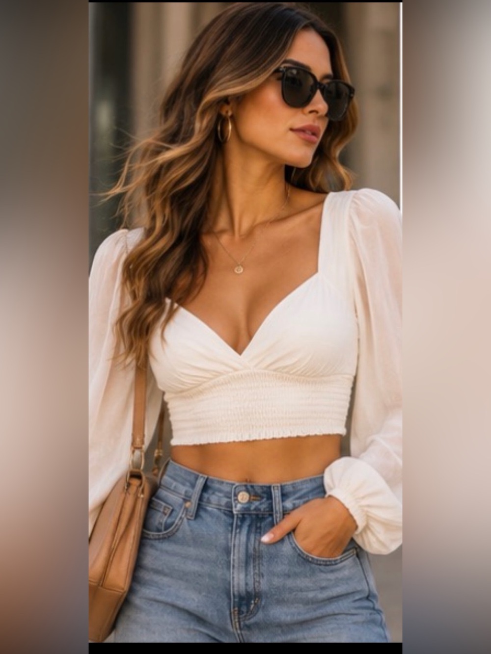 Kendall & Kylie XS White Smocked Puff Sleeve Crop Top